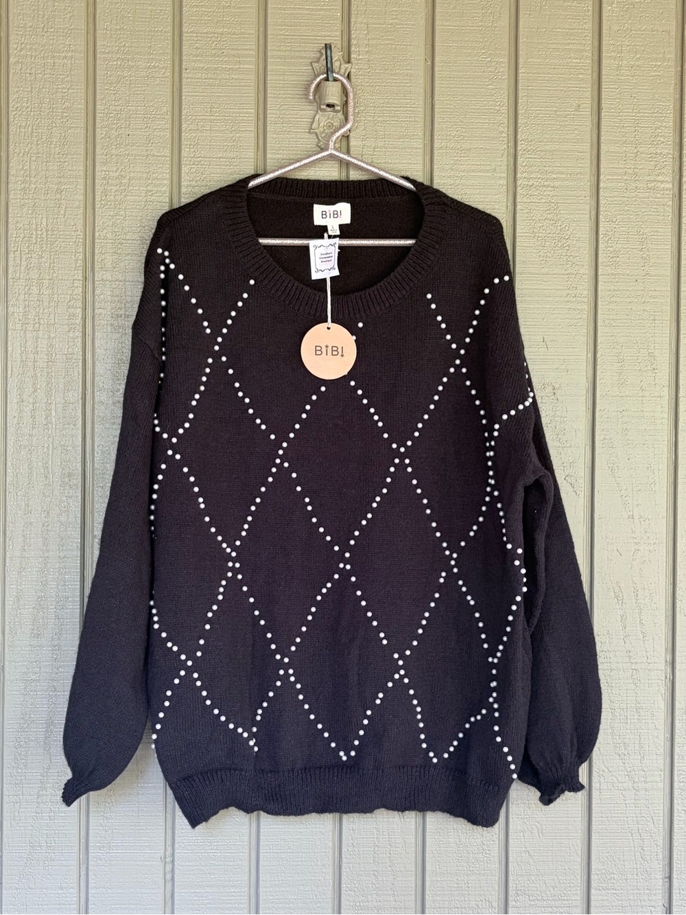 NWT BiBi Pearl Embellished Argyle Knit Sweater Large